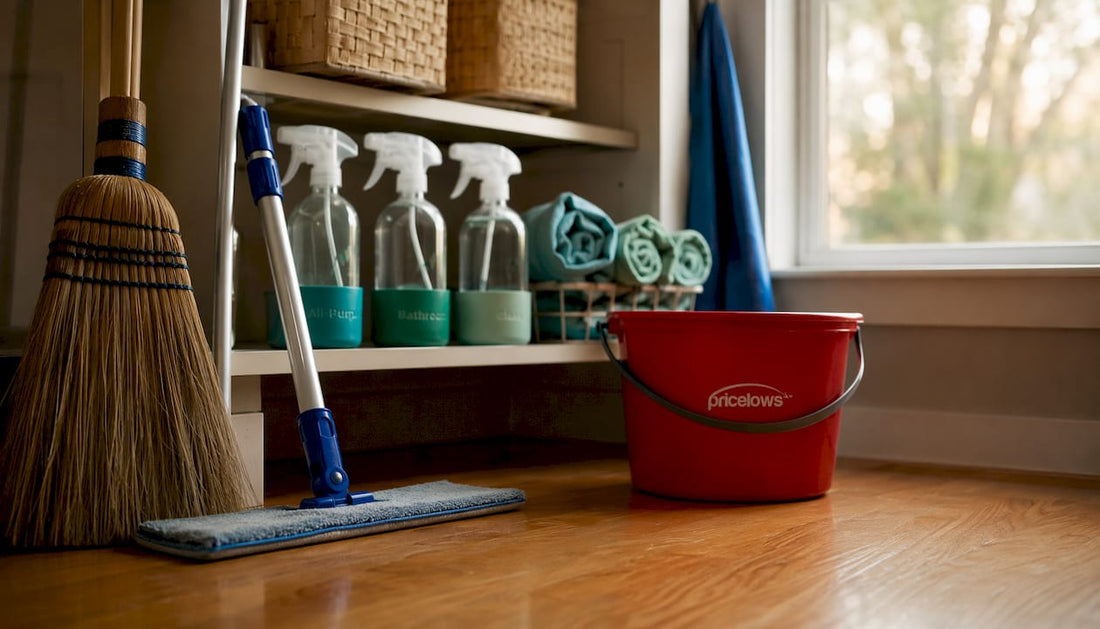 Organized essential home cleaning tools with logo