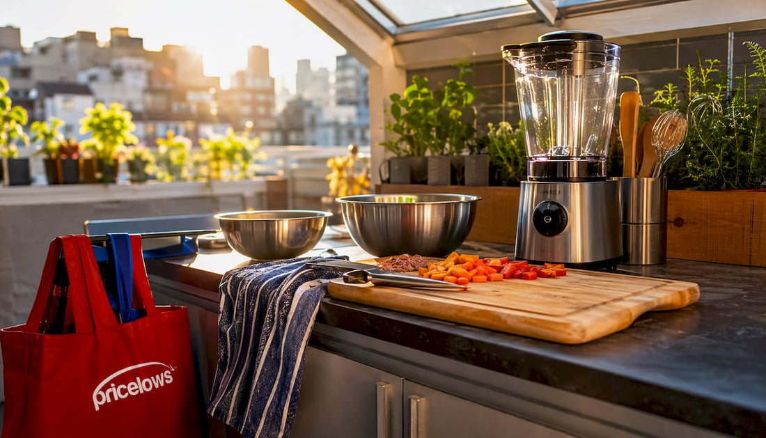 Versatile kitchen gadgets on organized countertop with logo