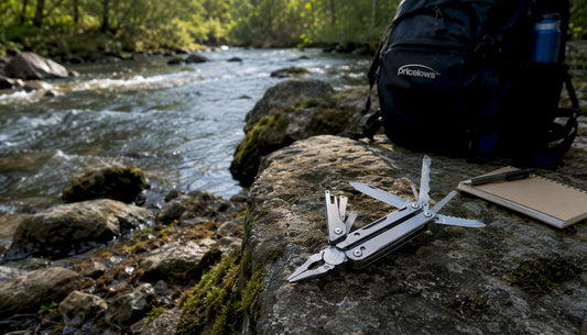 Forged outdoor multi-tool on natural wood with logo