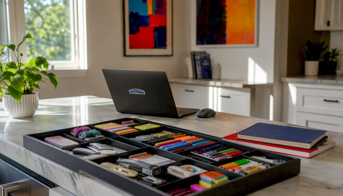 Neatly organized home office drawer with supplies