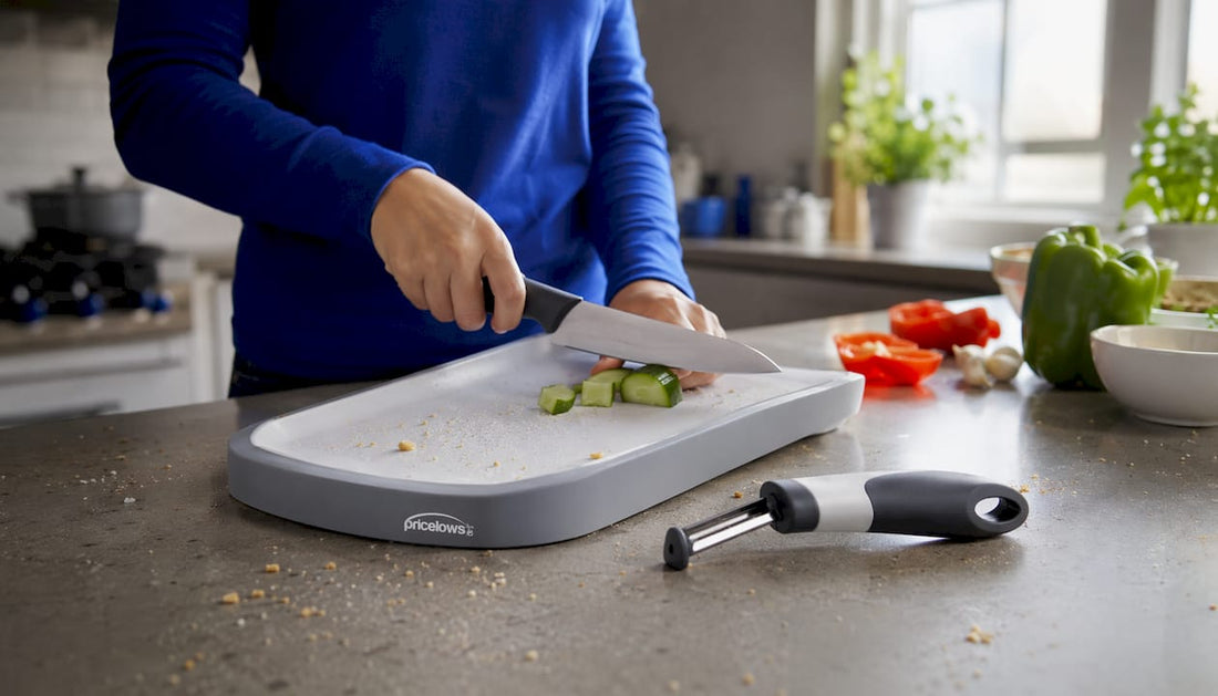 Close-up ergonomic kitchen gadgets on counter with logo