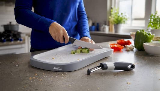 Close-up ergonomic kitchen gadgets on counter with logo
