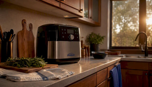 Multipurpose appliance in small modern kitchen with logo