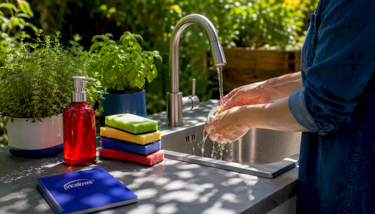 Hands washing at kitchen sink with soap and paper towels