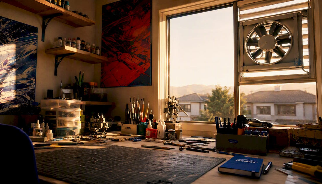 Hobby workspace with ventilation and PriceLows™ logo