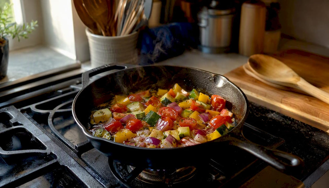 Multi-clad pan heating evenly on stovetop burner