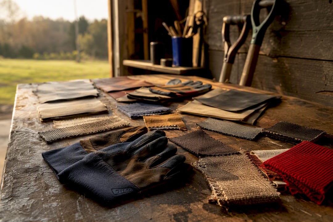 Close-up of diverse work glove materials on workbench