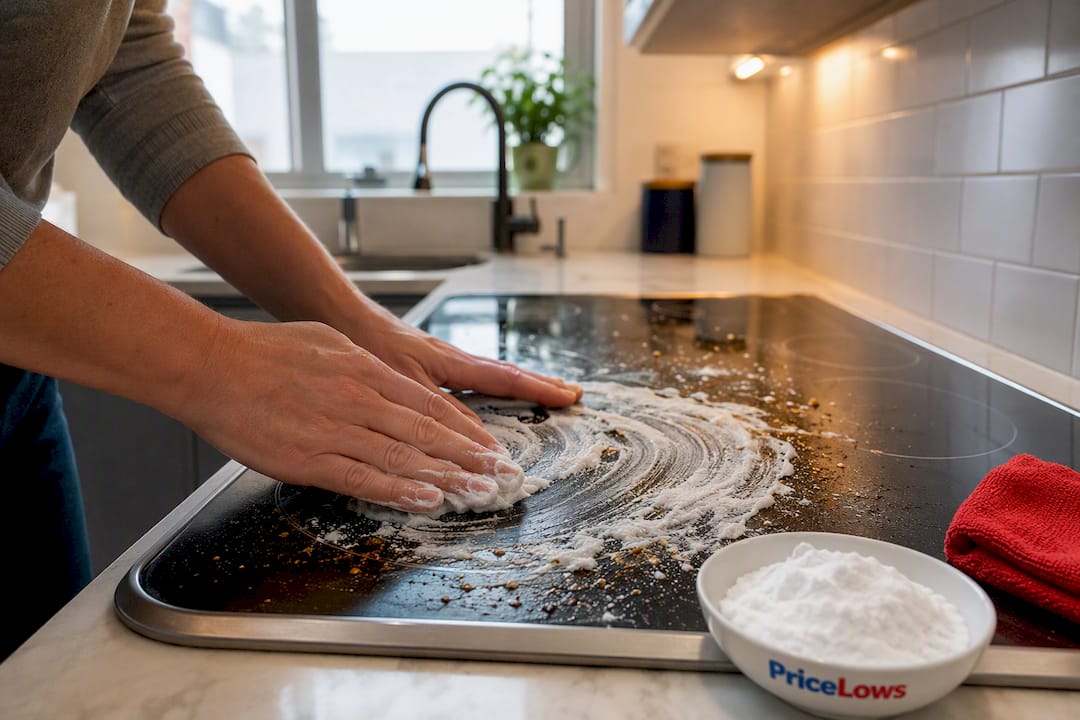 Hands cleaning stovetop with baking soda paste