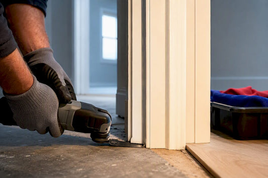 Oscillating tool trimming a door casing