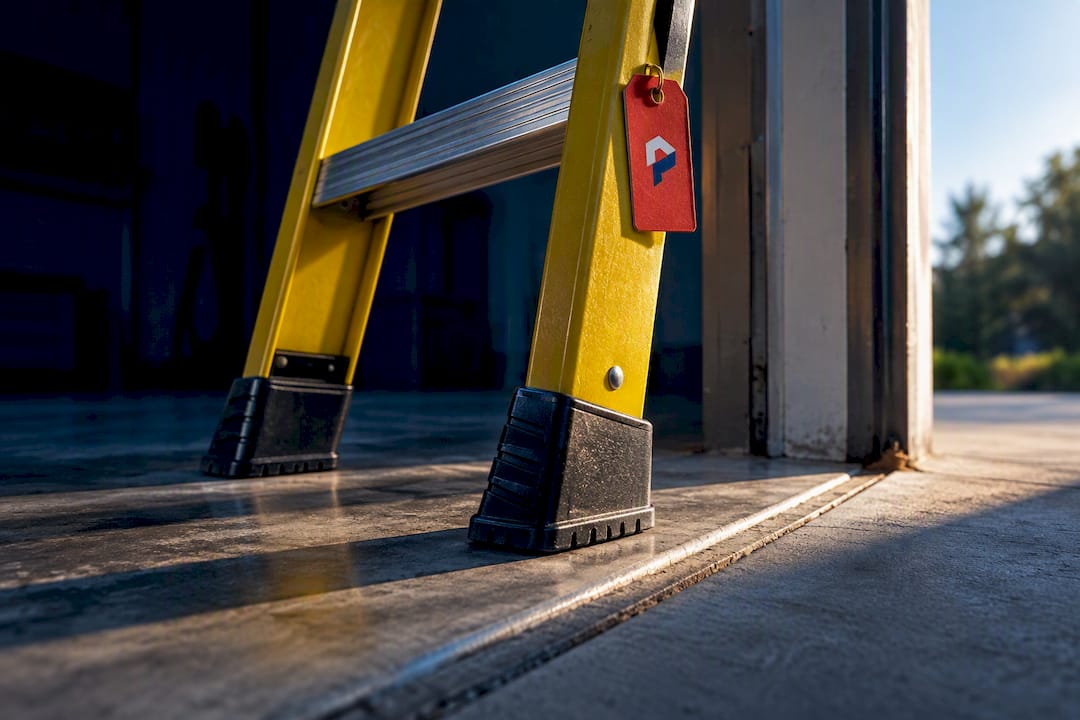 Close-up of ladder rail and stable feet