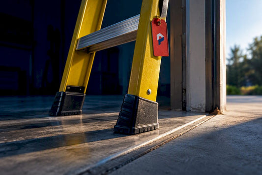 Close-up of ladder rail and stable feet