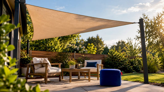 Compact backyard patio with fabric shade