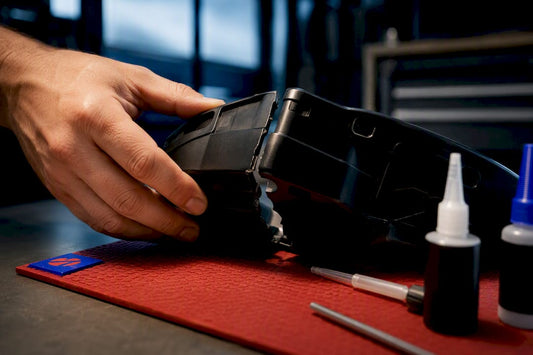Hands aligning cracked plastic for adhesive repair
