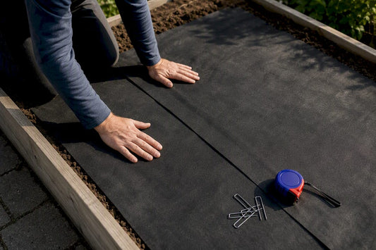 Homeowner smoothing overlapping weed barrier fabric