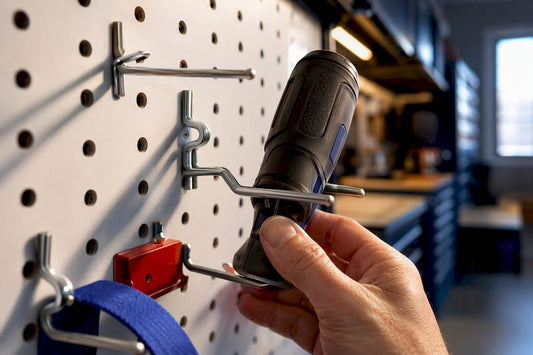 Close-up of pegboard hooks securing a tool