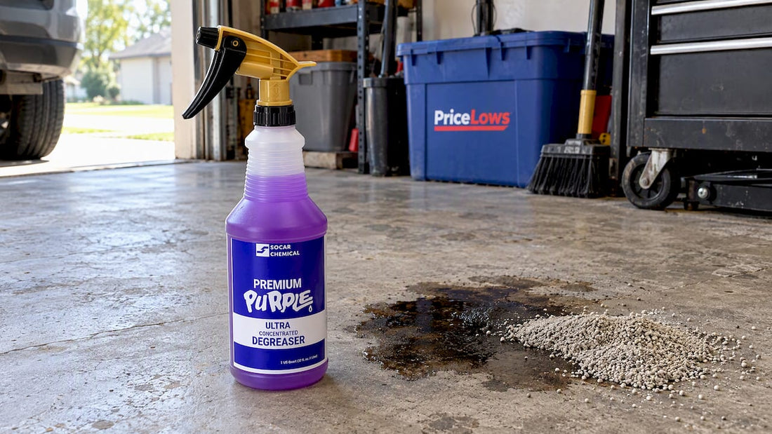 Degreaser beside an oil-stained garage floor