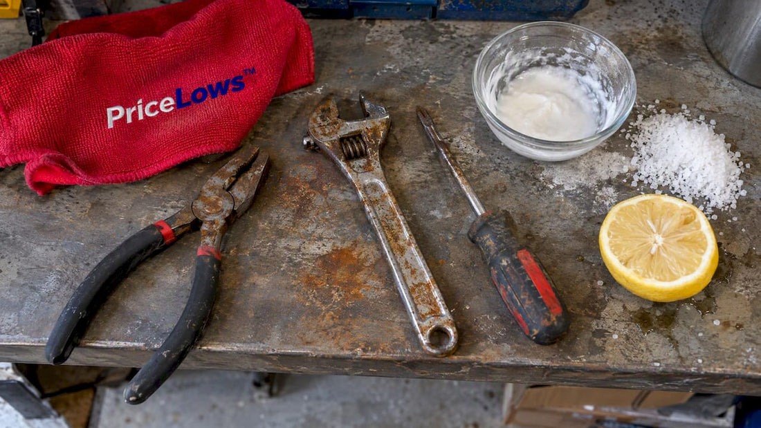 Rusty hand tools ready for removal treatment