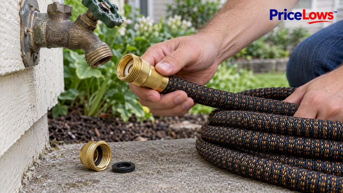 Expandable hose and garden fitting at faucet