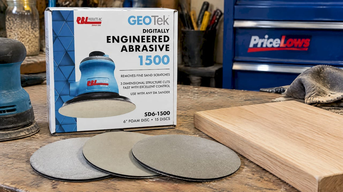 RBL abrasive disc beside a sanded wood sample