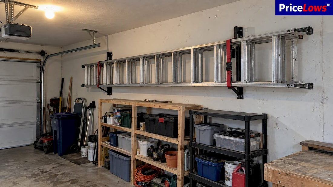 Extension ladder stored above garage shelving