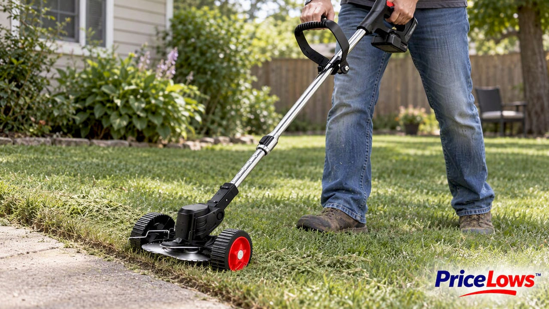 Cordless trimmer beside a lawn edge
