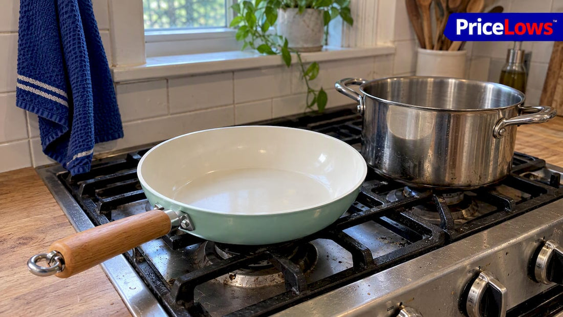 Ceramic pan beside a stainless steel pot