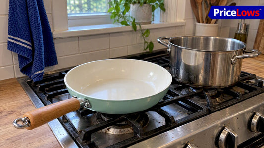 Ceramic pan beside a stainless steel pot