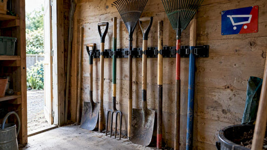 Shovels and rakes stored upright in shed