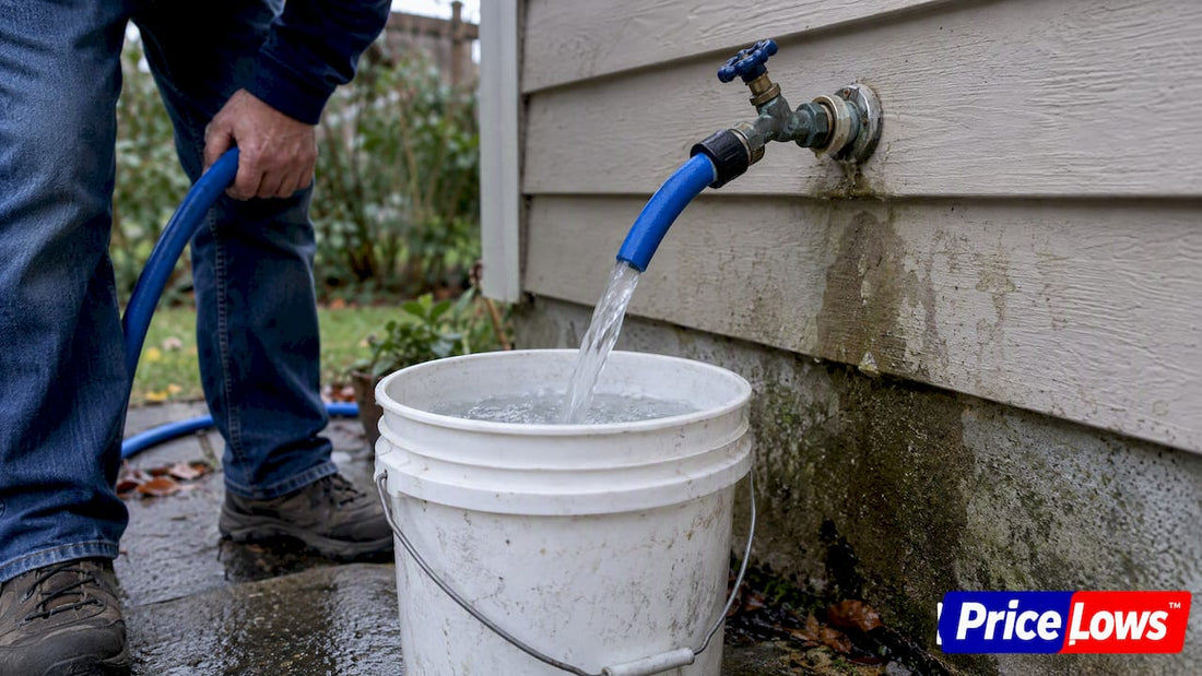 Garden hose filling a bucket at spigot