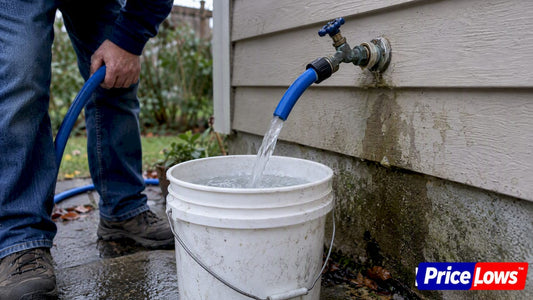 Garden hose filling a bucket at spigot