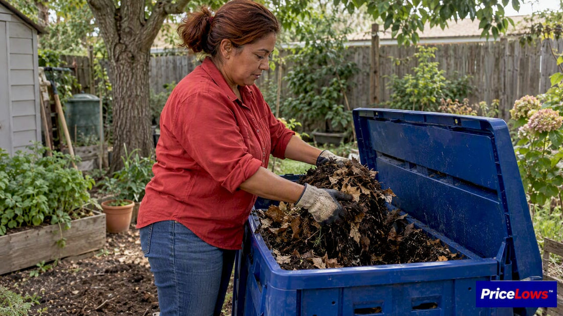 Homeowner mixes dry leaves into compost