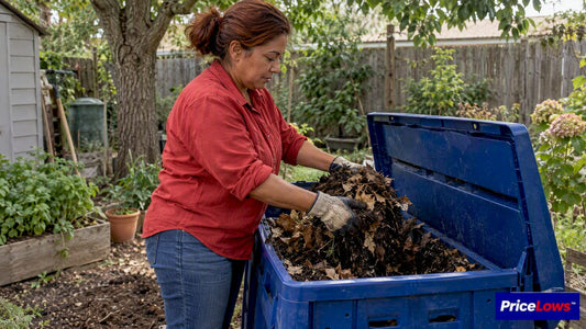 Homeowner mixes dry leaves into compost