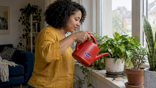 Watering a houseplant before leaving home