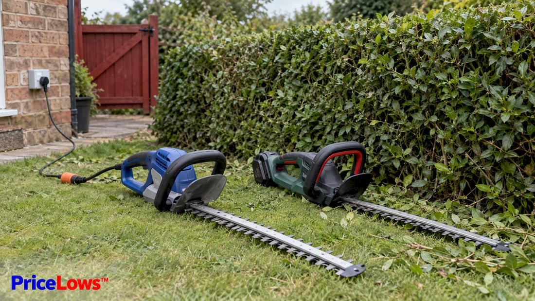 Corded and cordless hedge trimmers beside a hedge