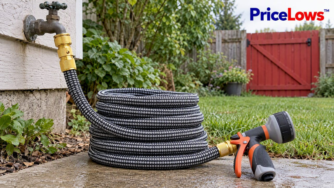 Expandable garden hose beside an outdoor spigot