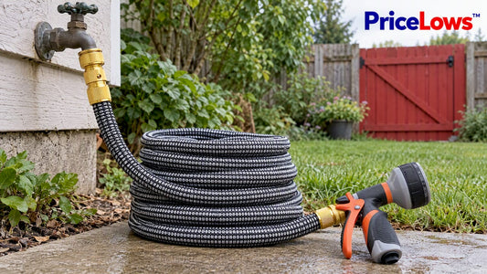 Expandable garden hose beside an outdoor spigot