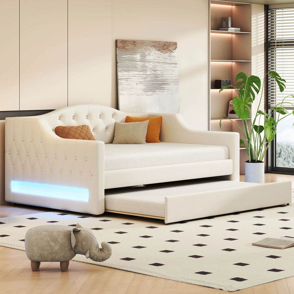 Daybed With LED Lights | Upholstered Trundle Daybed | Thickly Padded Sponge | 84 Inch Length