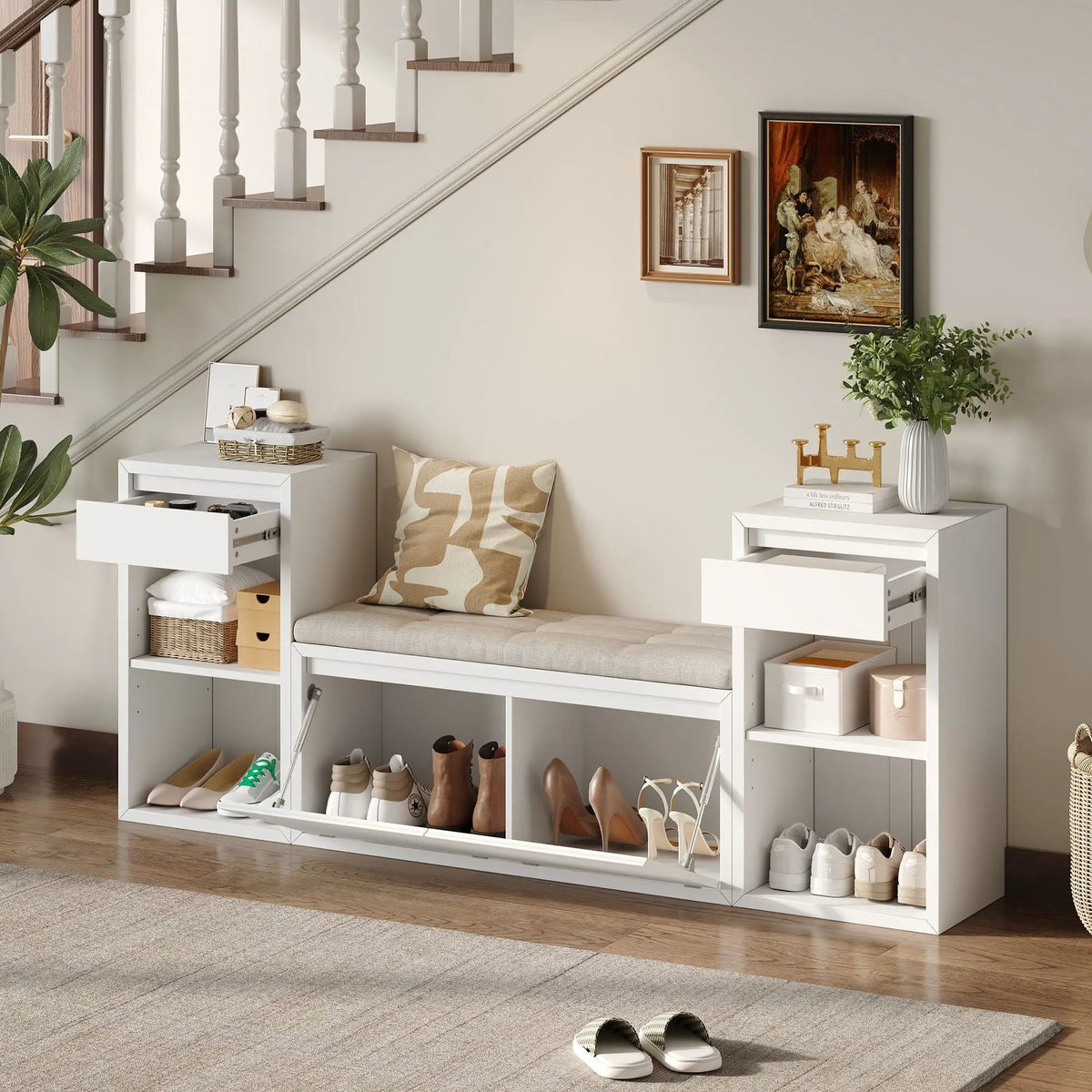 Entryway Storage Bench | Flip Top Compartment | Pine Wood Frame
