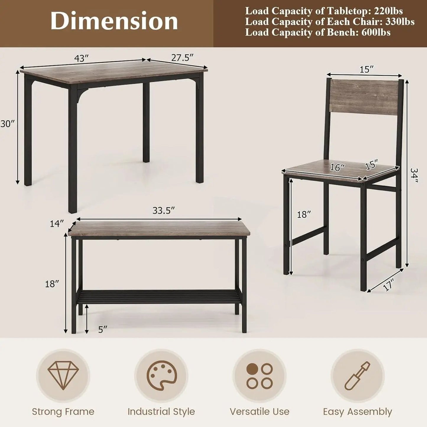Stainless Steel Space Saving Dining Room Table Set Four from PriceLows™