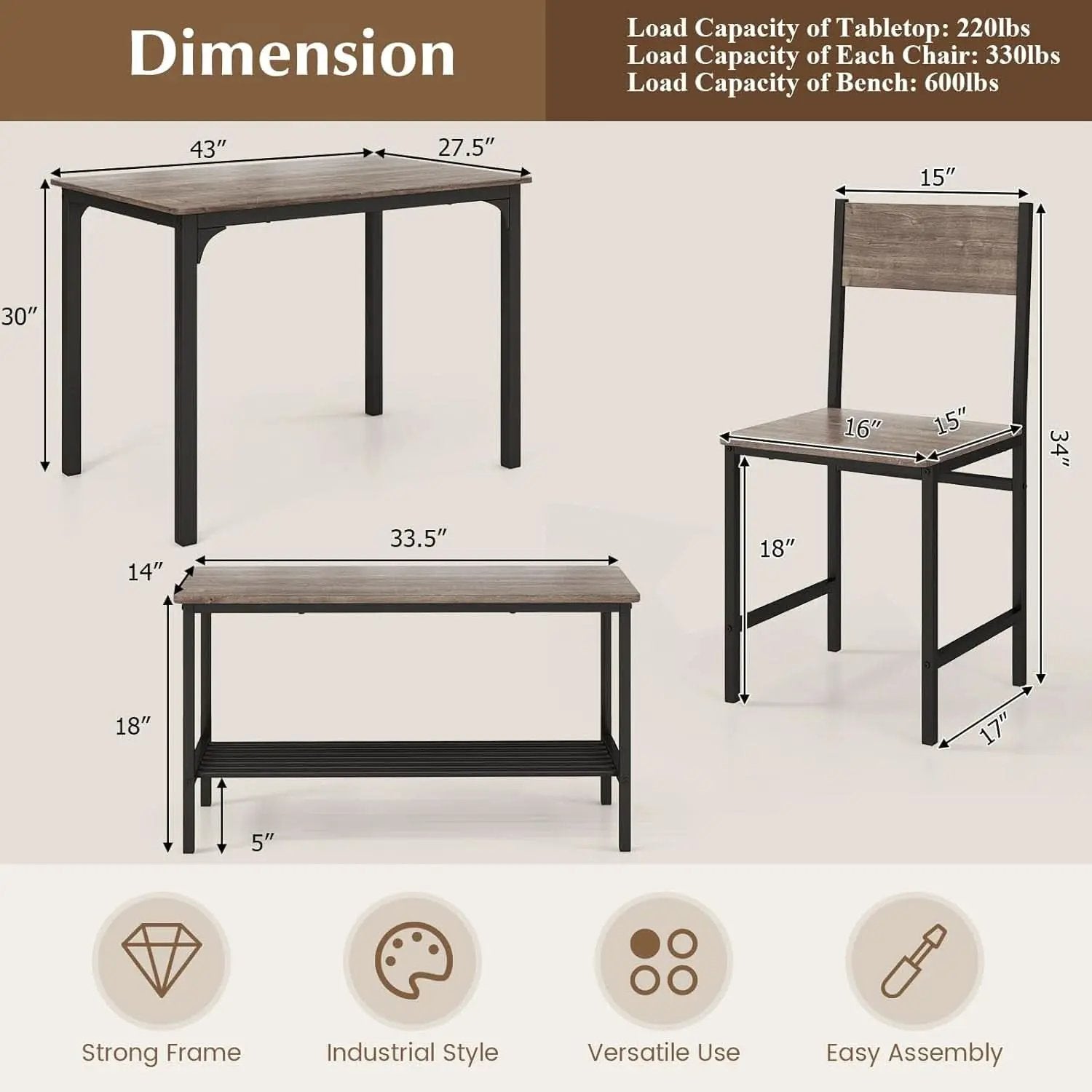 Stainless Steel Space Saving Dining Room Table Set Four from PriceLows™