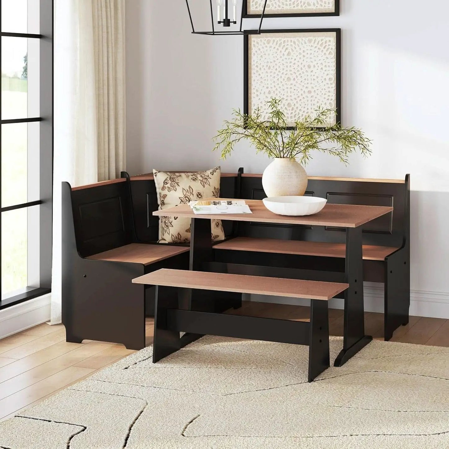Black Pecan Five Seat Dining Set With Storage Benches from PriceLows™