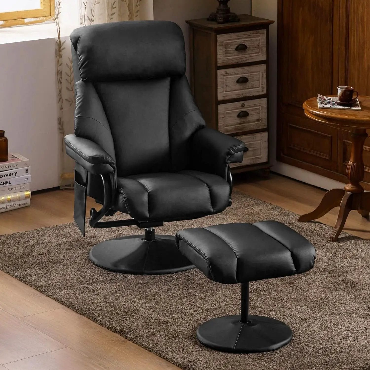 Swivel Recliner With Ottoman Black Faux Leather Massage from PriceLows™