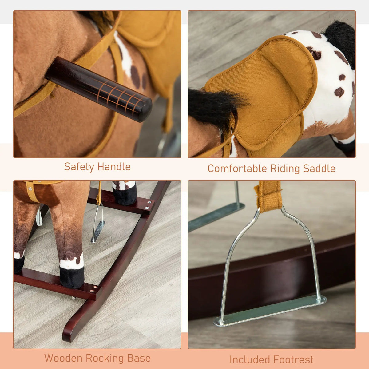 Qaba Plush Ride-On Rocking Horse | Kids Metal Frame | Realistic Sounds | Dark Brown And White