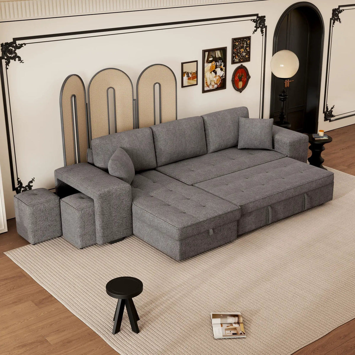 Modern L-Shape 3 Seat Reversible Sectional Couch, Pull Out Sleeper Sofa With Storage | 4 Pieces | Fabric | Living Room
