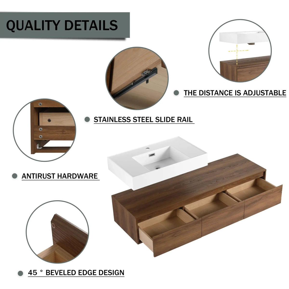 Wall Mounted Bathroom Vanity With Resin Sink And 2 Side Cabinet, 3 Soft Close Drawer | 58.7 x 18.1 x 15.8 in | Plywood & Resin | Bathroom