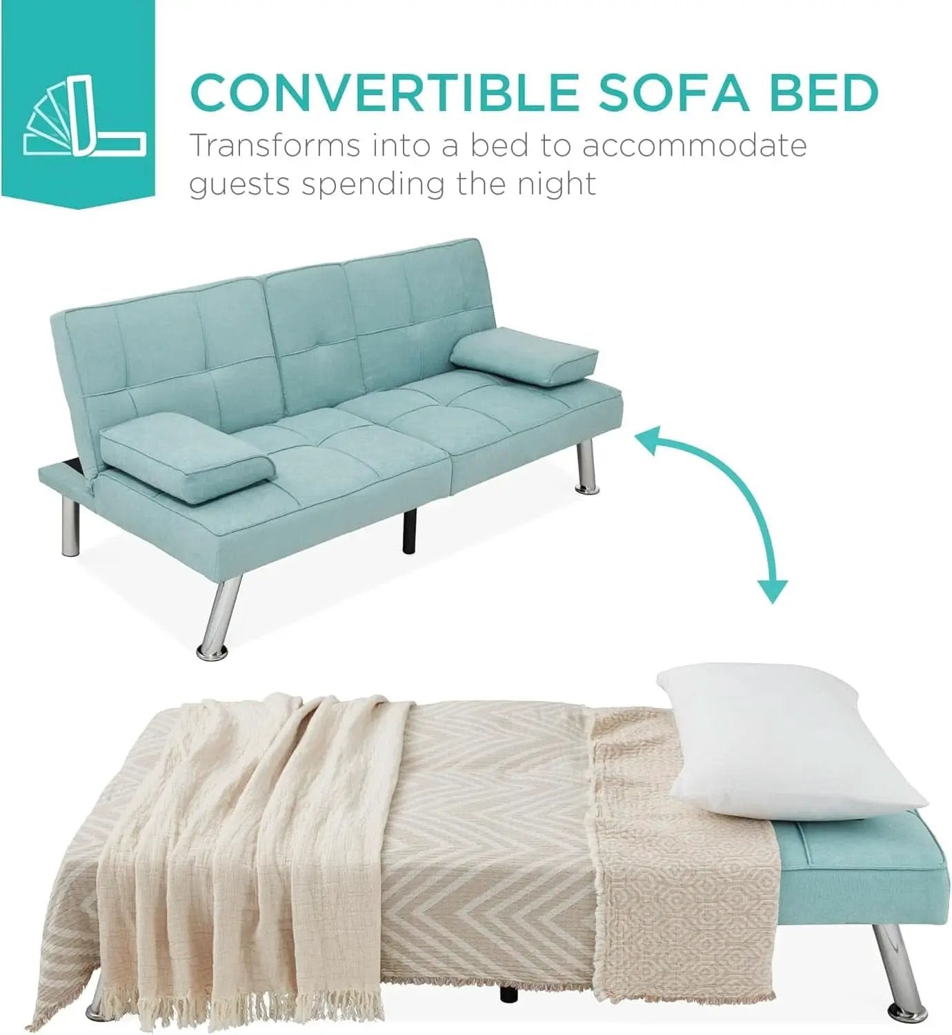 Linen Folding Futon Sofa Bed Aqua With Removable Armrests from PriceLows™