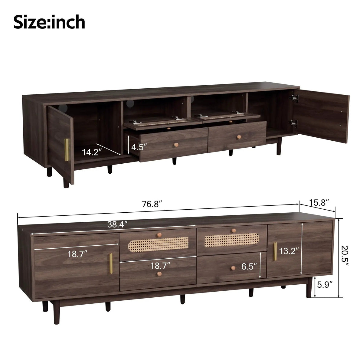 TV Stand With Drawers | Rattan Accents | Two Drop-Down Doors | Dark Brown Entertainment Center