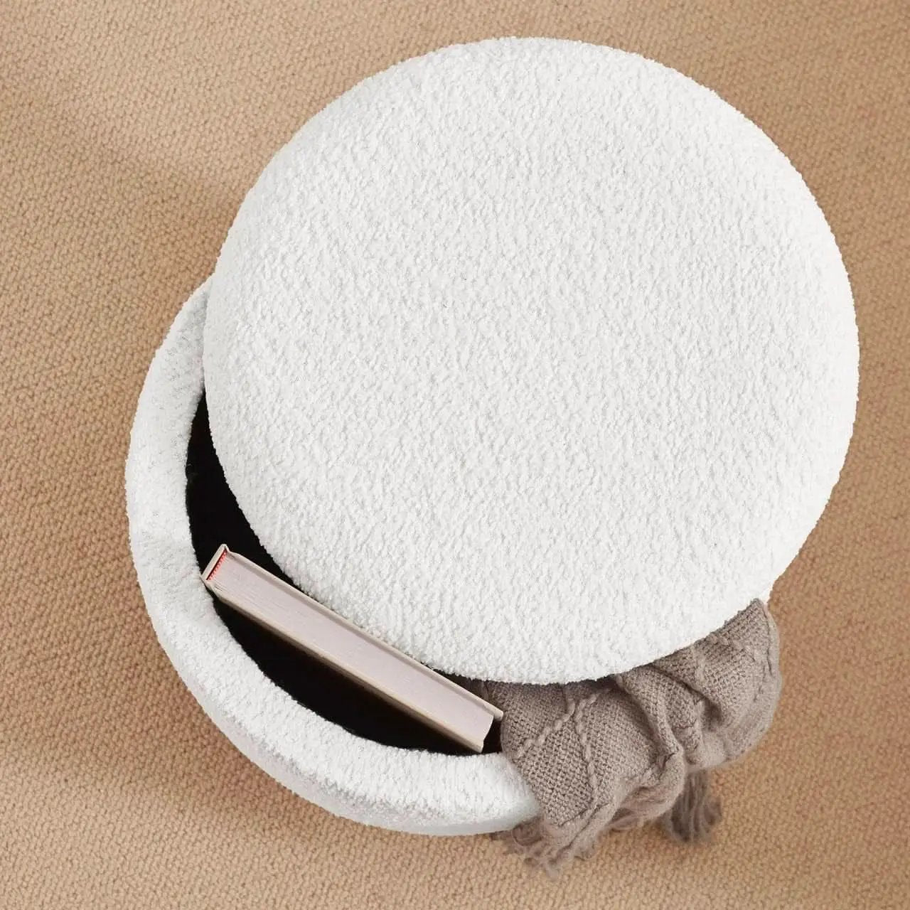 White Elegant Round Ottoman With Concealed Storage from PriceLows™