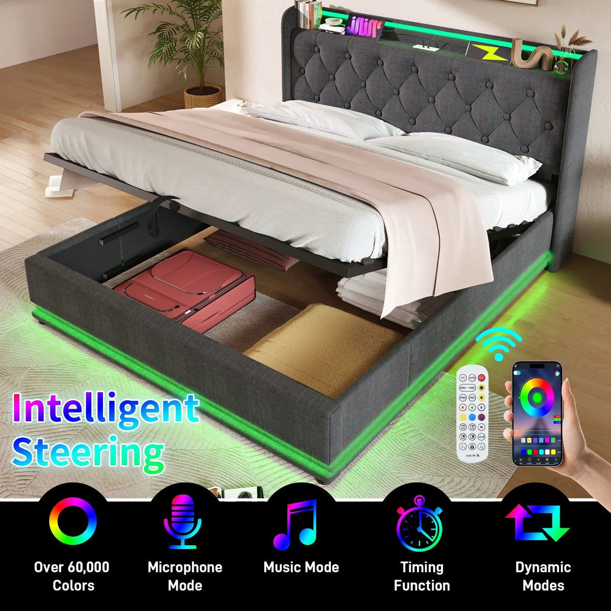 Upholstered Bed, 360 Surround LED Function, Remote Control, Hydraulic Storage Bed | 8 Pieces | Fabric & Iron | Bedroom