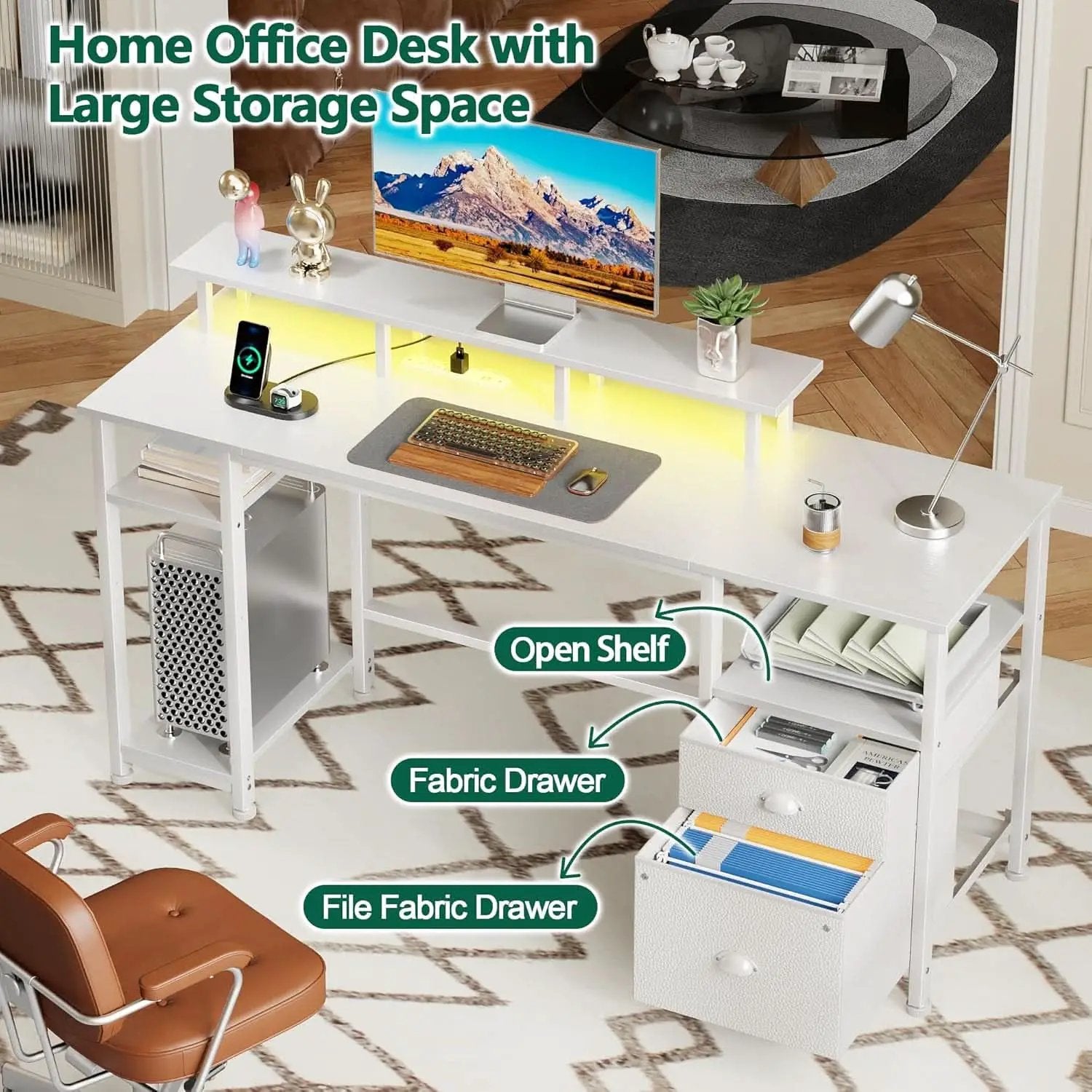 Sixty One Inch Computer Desk LED Illumination White Finish from PriceLows™